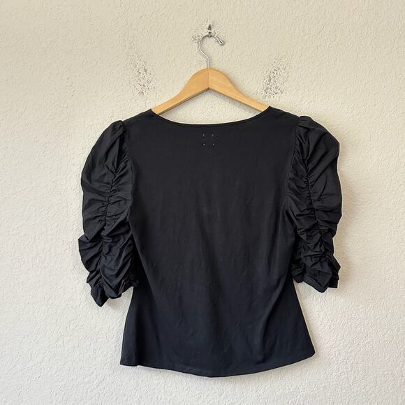 LA VIE REBECCA TAYLOR Poplin Blouse Black Ruched Sleeve V-Neck Bow - Picture 2 of 12